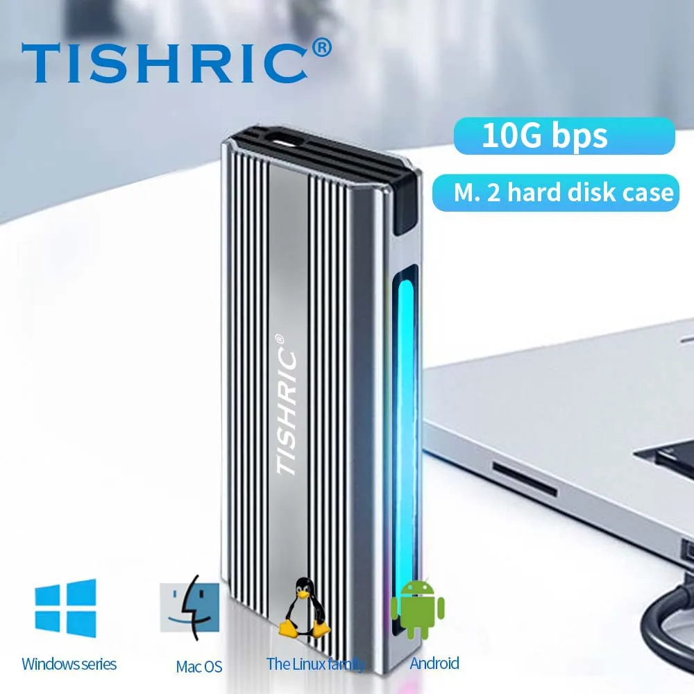 TISHRIC RGB Enclosure NVME/NGFF SSD Case Portable Hard Drive Box Type-C/3.1 SSD Dual Protocol Hard Drive Box for PC Laptop