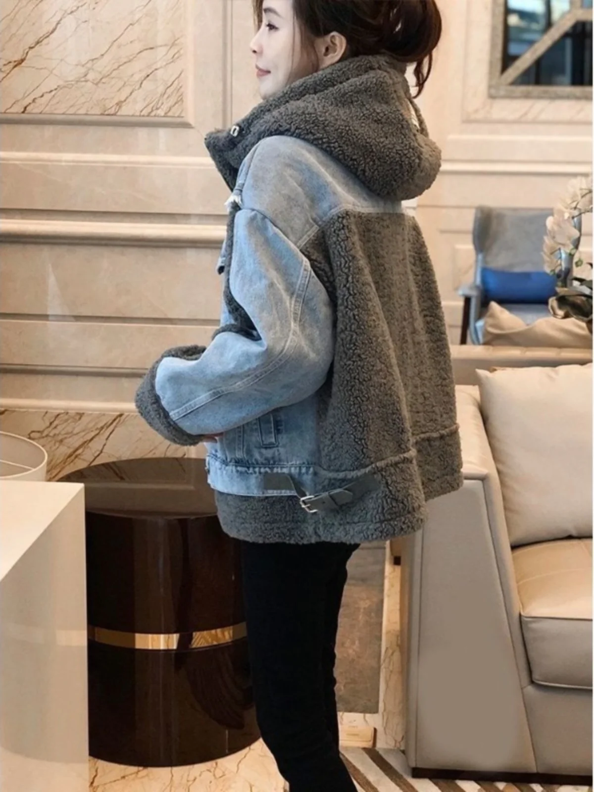 Ecopelle eepskin Jaet Denim patchwork da donna con cappuccio ort Design Abiti invernali 2025 Nuovi prodotti europei