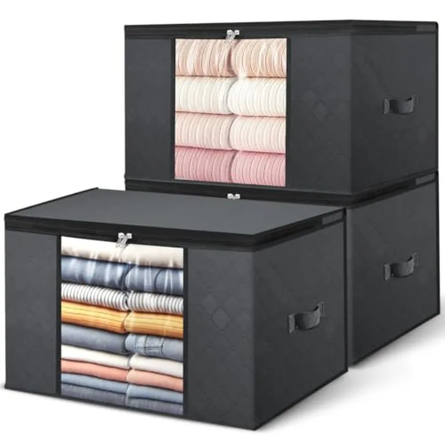 LINVEXA Lot de 3 Sacs de Rangement pour Vêtements 80L, Housses Pliables avec Grande Fenêtre Transparente, Organisateur de Placard