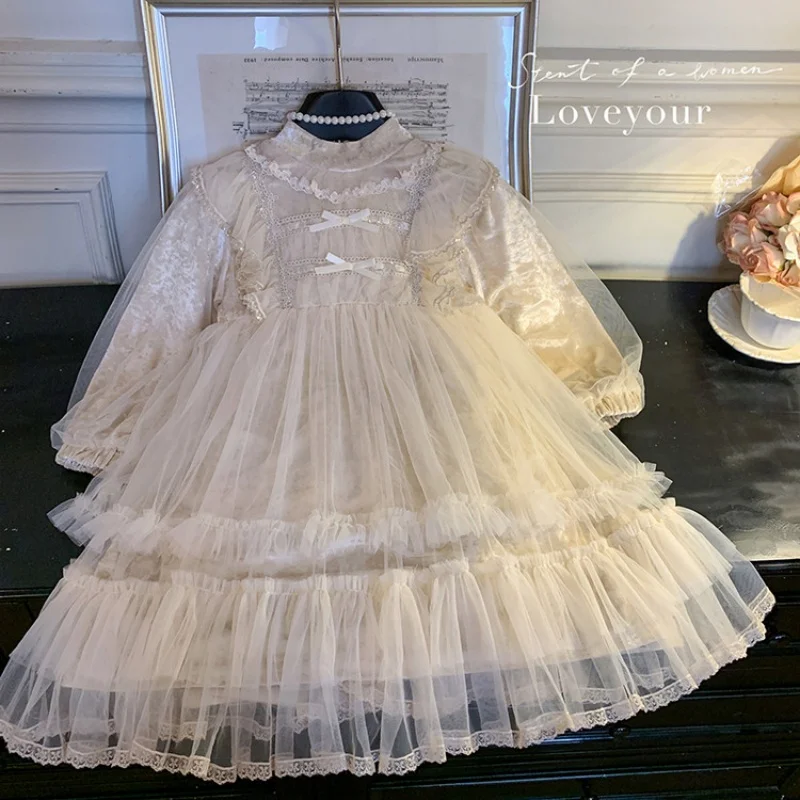 

Бальное платье для девочек, осенне-зимнее новое детское платье для свадебной вечеринки, наряд для фортепиано, модное утепленное бархатное кружевное платье для фотосъемки