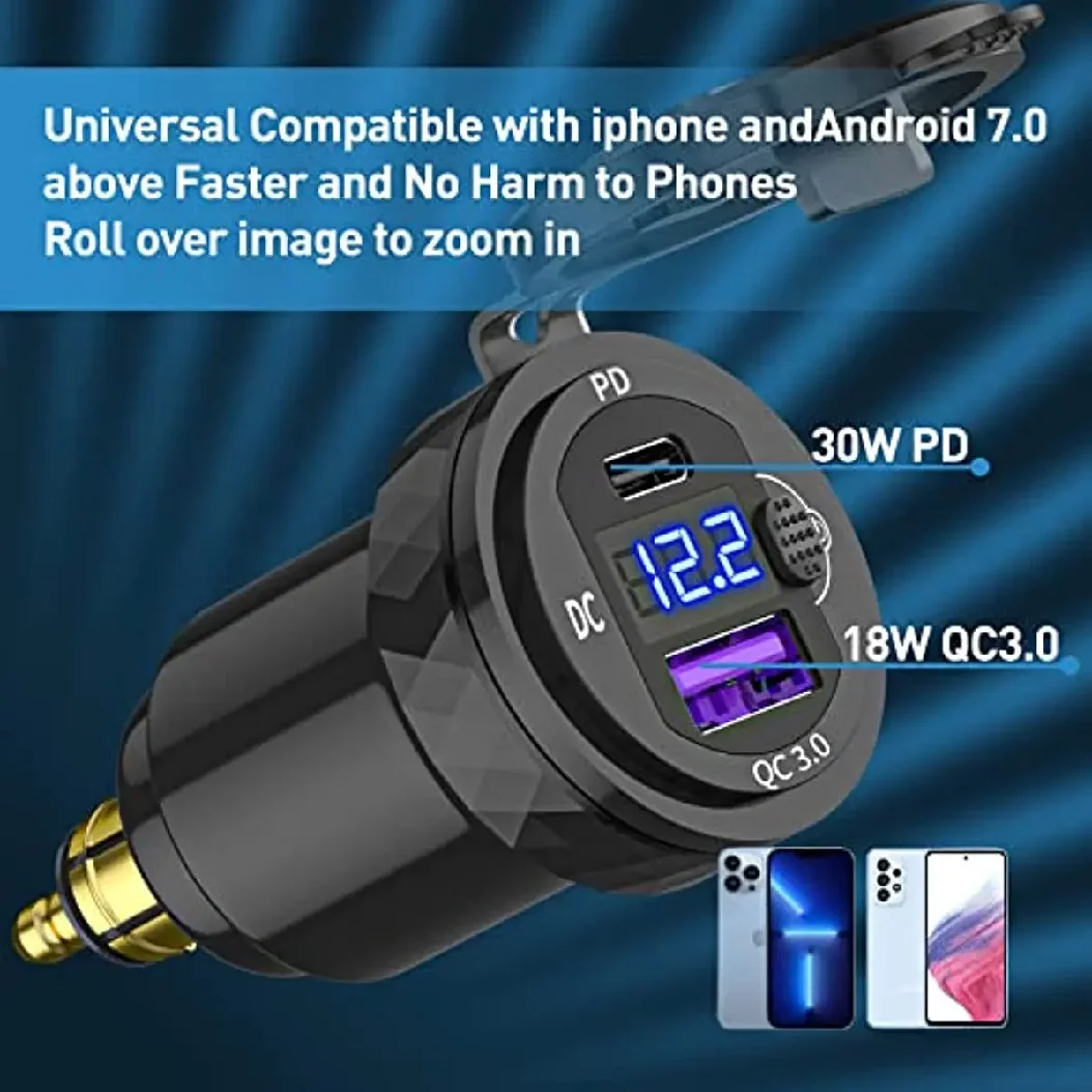 DIN Hella Plug to USB C PD 3.0 QC 3.0 USB Charger Power Adapter Voltmeter with ON-Off Switch for BMW Ducati Triumph Motorcycle