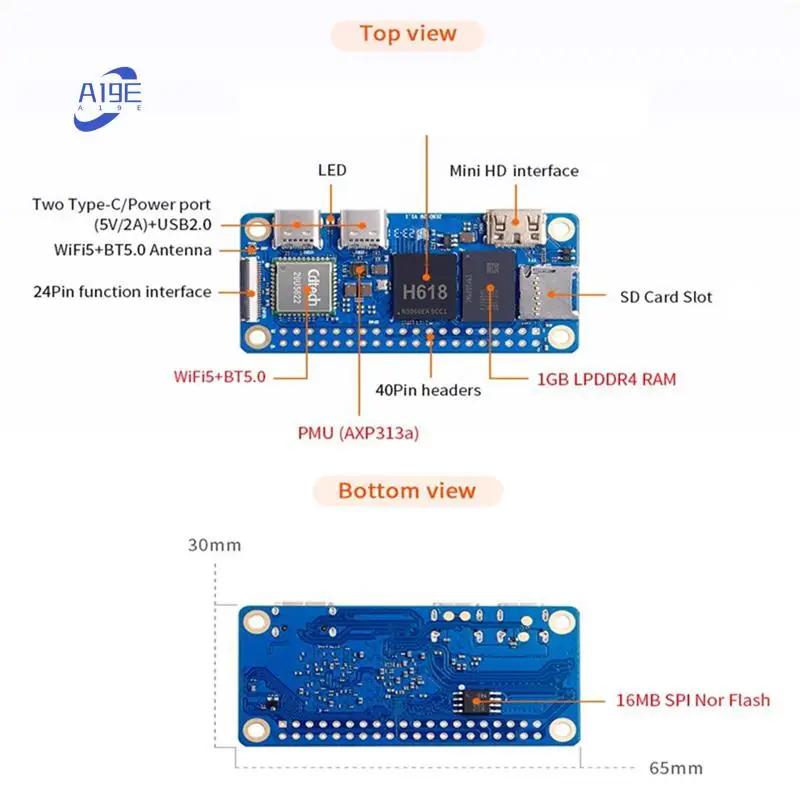 

A19E-Для Orange Pi Zero 2W 1GB RAM DDR4 Мини-ПК Allwinner H618 Orange Pi Zero 2W Wi-Fi Bluetooth SBC Одноплатный компьютер