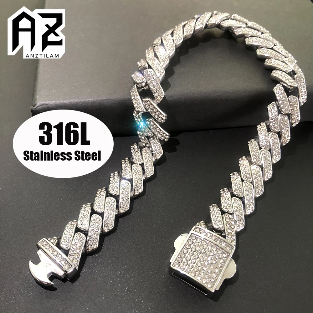 

12mm 316L Stainless Steel Chain Necklaces For Men No Fade Zircon Iced Out Cuban Link Chain Chokers Hip Hop Rapper Jewelry