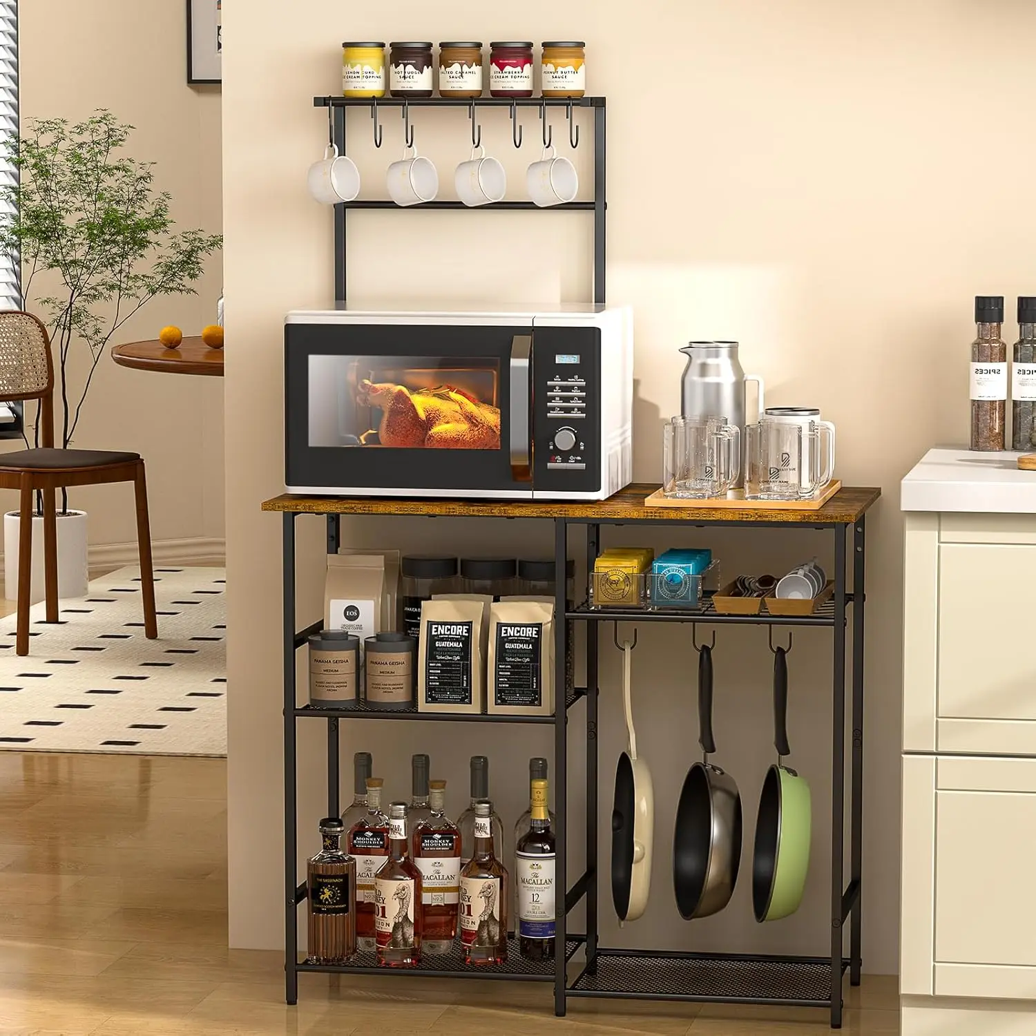 Rack for Kitchen with Storage, Microwave Stand with Adjustable Shelves, Kitchen Stand with 10 S Hooks, 6-Tier Coffee Bar Station