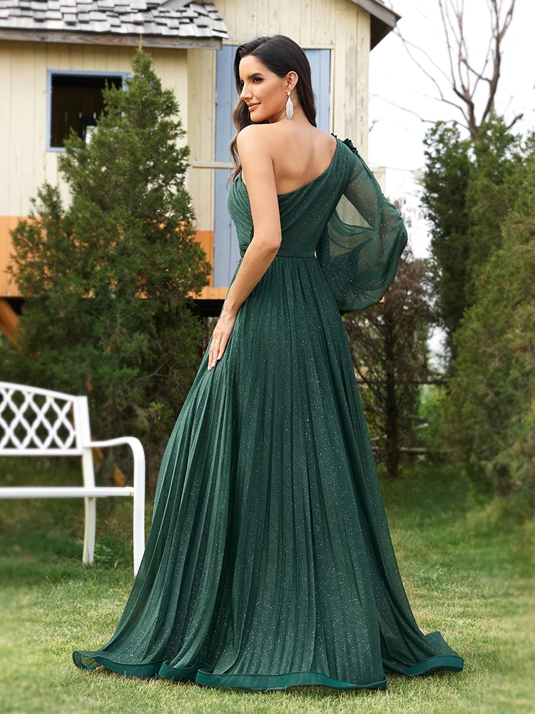 XUIBOL Elegant one-shoulder Long Sleeves Sparkle Floor Length Evening Dress 2024 Green Flower Bridesmaid Party Cocktail Prom