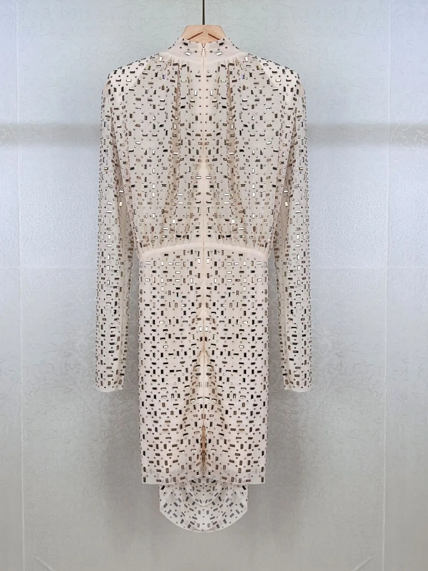 Mini Robe Plissée à Manches sulfet Col Rond pour Femme, Tenue Élégante avec Décoration en Diamant, Taille Haute, Maille Cousue, Automne 2024