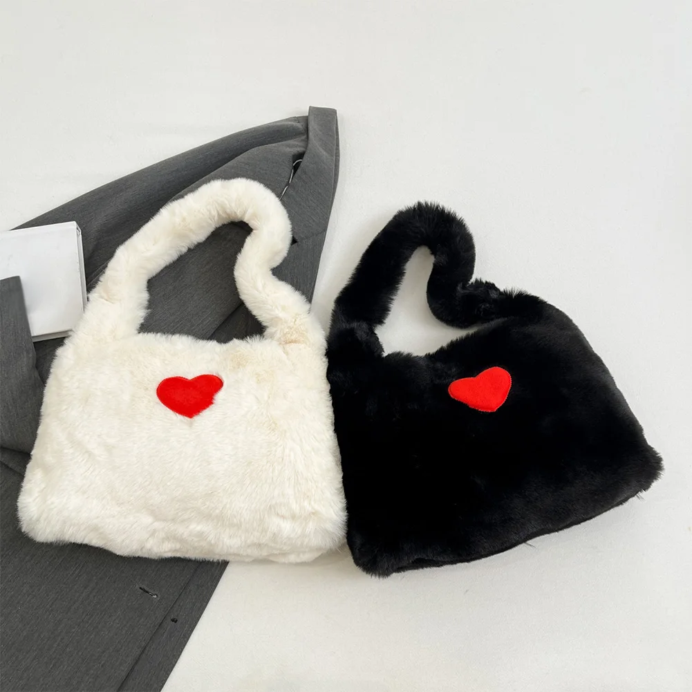 レディースフェイクファーショルダーバッグ、大容量ファジートップハンドルバッグ、ハート付きルーズホーボーバッグ、ソフトファーリーキャリーバッグ