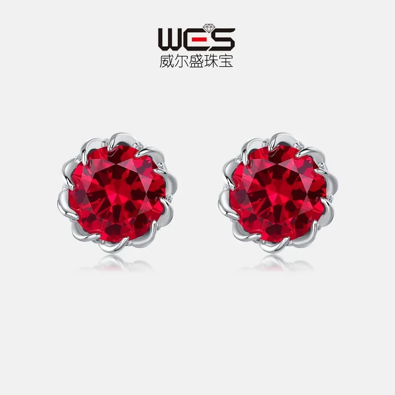 Small Imitation Flower Cultured Ruby Earrings 18K Gold Inlaid Cultured Baby Stones PT950 Platinum Earrings