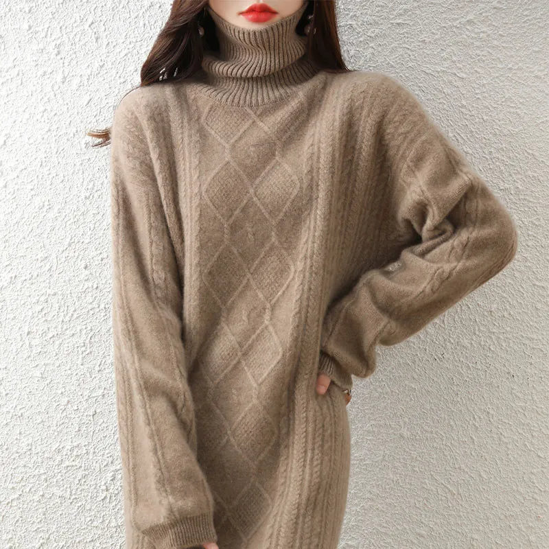 

High-necked thick autumn and winter 100% pure cashmere knit dress long knee-length sweater long skirt loose base skirt.