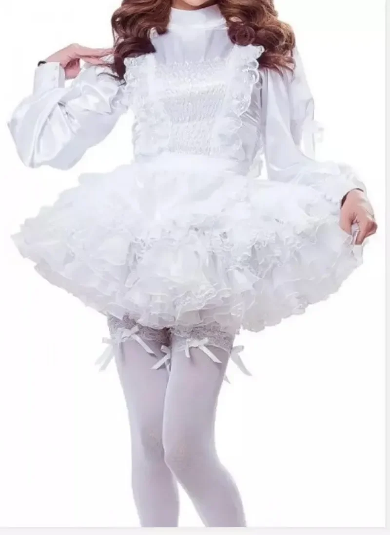 

Sissy girl white lockable satin fluffy dress French maid cosplay costume tailored cute transgender person