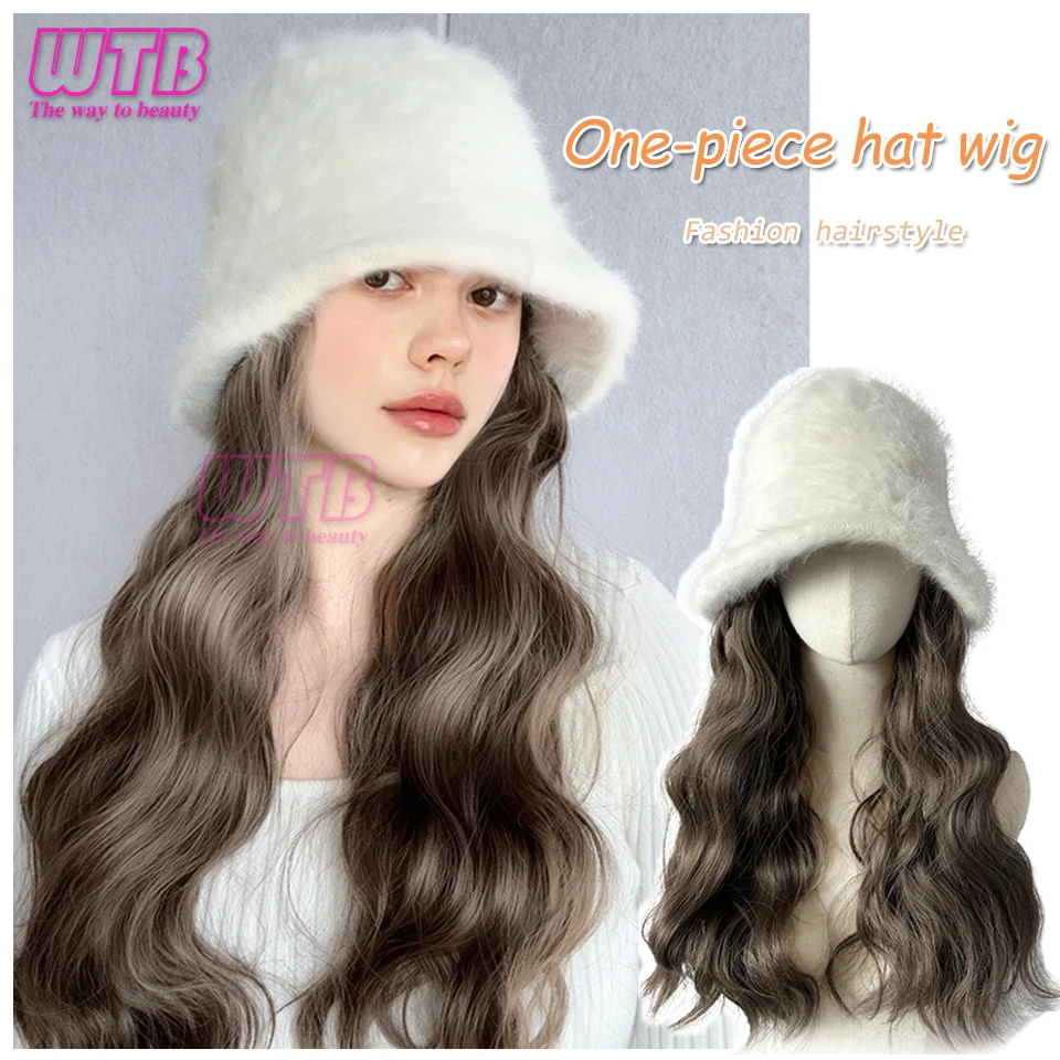 

WTB Synthetic Hat Wig Integrated Female Long Curly Hair Fashion Autumn and Winter Fisherman Hat Wig Heat-resistant Hair