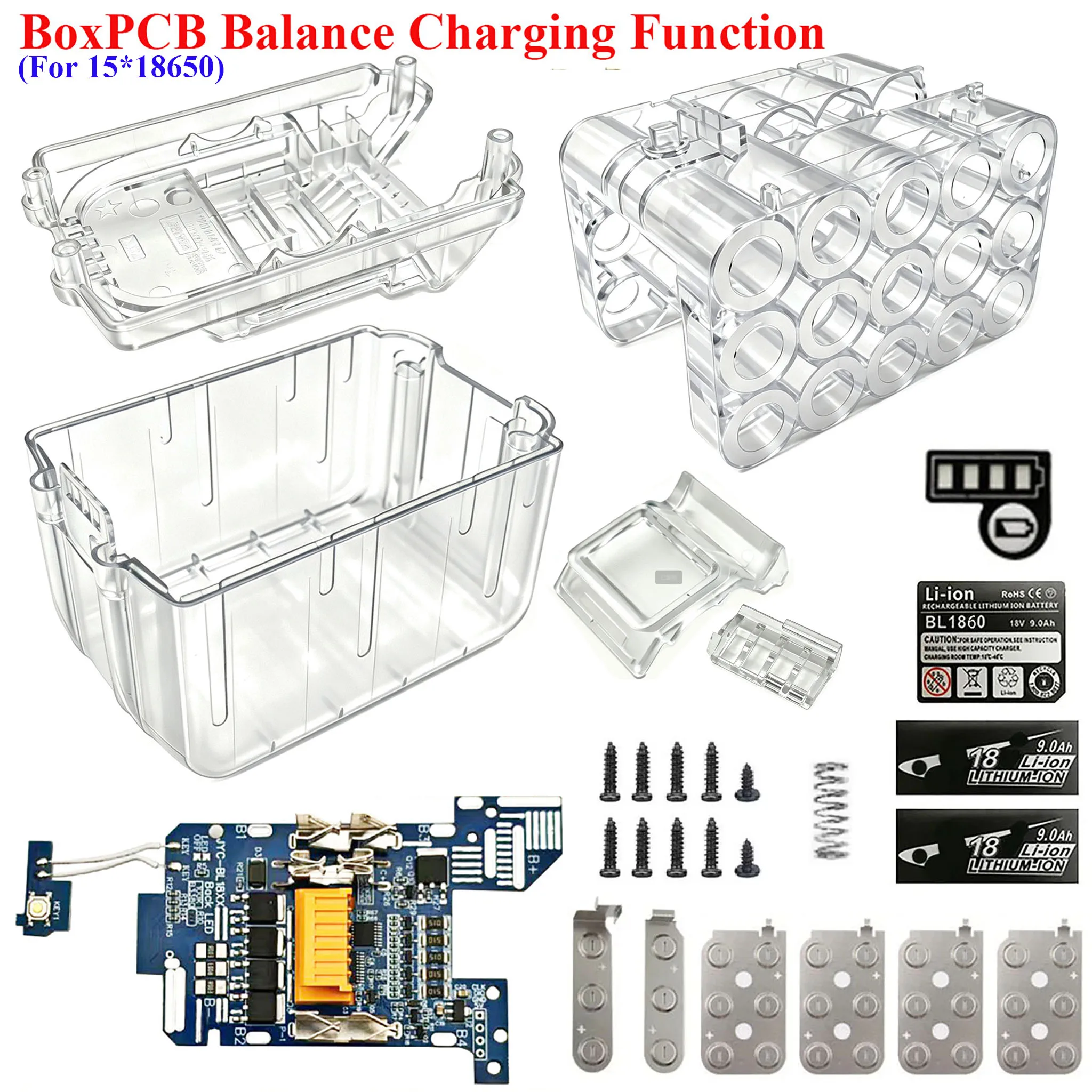 For MAKITA 18V Li-ion Battery Case Kit BMS Balance Charging Circuit Board PCB 15X18650 Lithium Batteries Pack Housing BL1830 Box