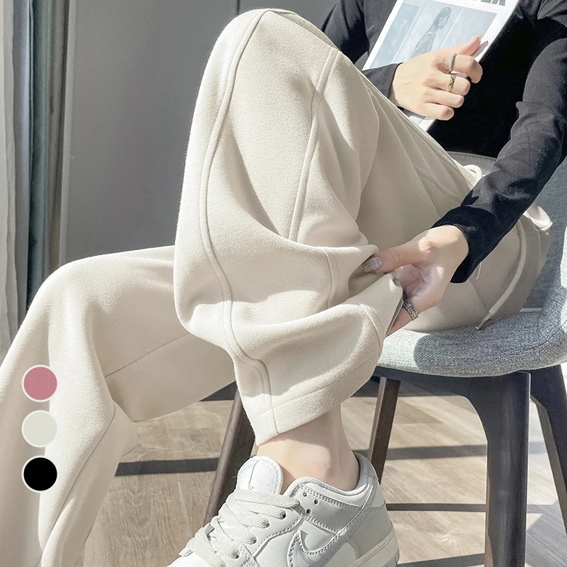 

Beige Loose Sweatpants woman Comfortable Straight Elastic Waist Casual Jogging Pants Fashion Pink Stitching Autumn Trousers