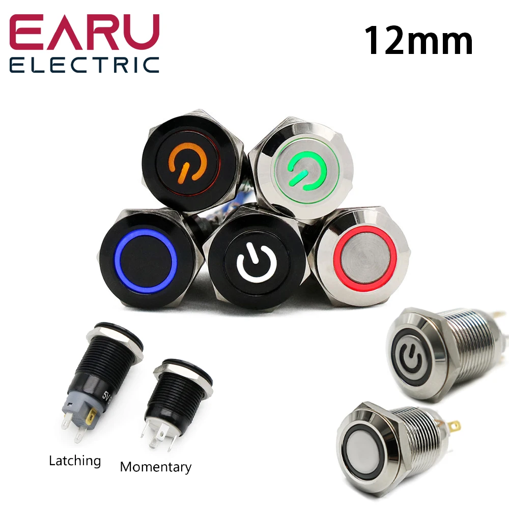 12mm Waterproof Metal Push Button Switch LED Light Black Momentary Latching Car Engine PC Power Switch 5V 12V 24V 220V Red Blue