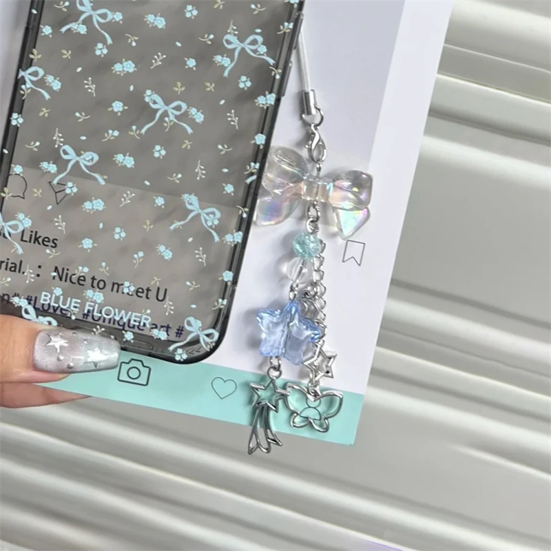 Korea Cute Clear Bow Blue Star Beaded Phone Chain Charm Lanyard For iPhone Samsung Huawei Universal Accessories Jewelry Pendant