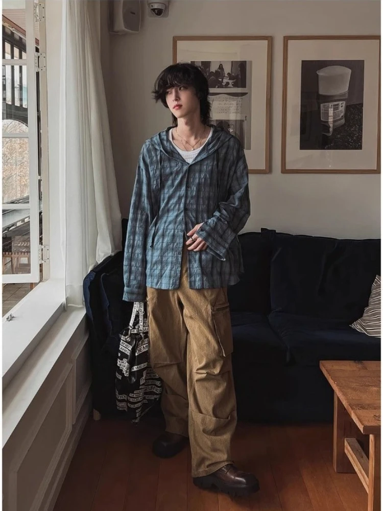 HOUZHOU Vintage Plaid Hooded Shirts Women Oversized Japanese Style Harajuku Fashion Checked Blouses Long Sleeve Tops Streetwear