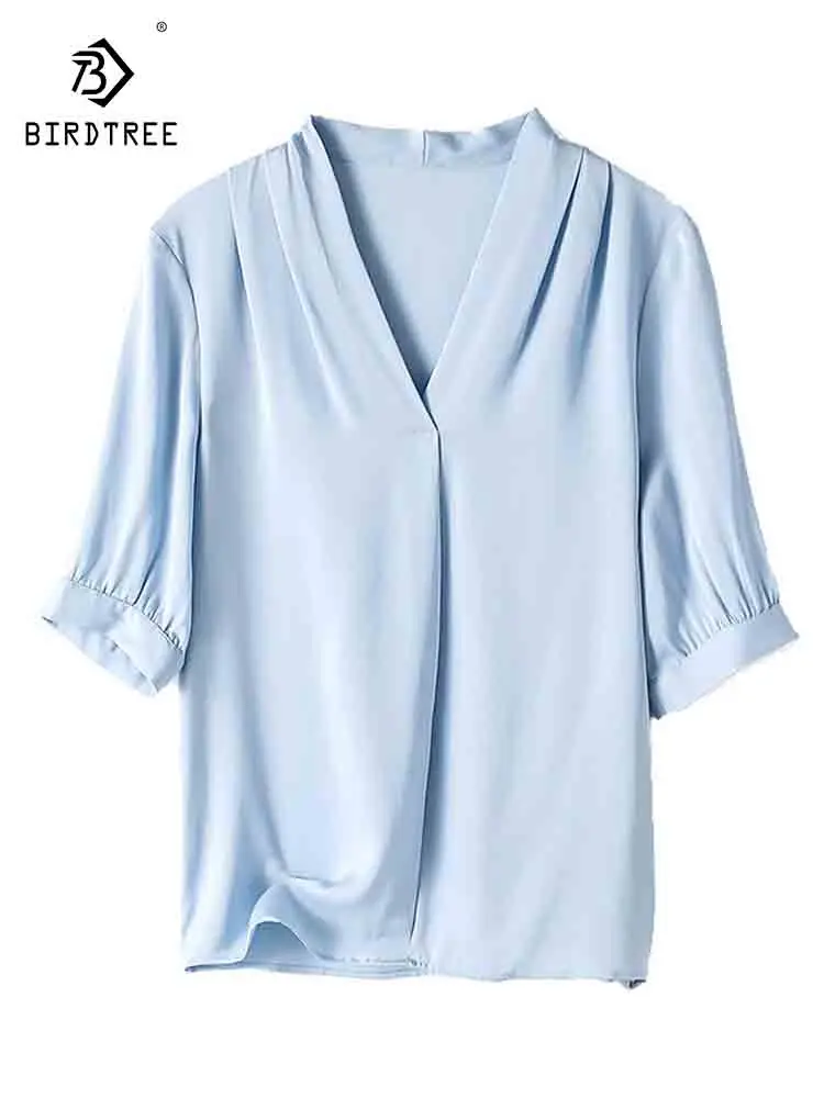 Birdtree 91.8% Silk 8.2% Spandex Women's Blouse 2023 Summer Elegant V-neck Short Sleeve Shirts Solid Office Lady Top T39259QC