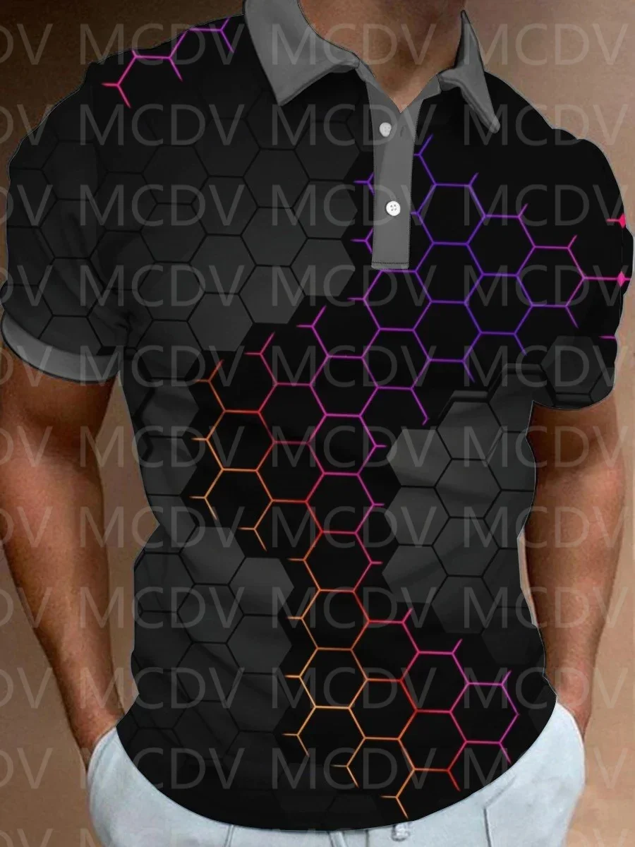 Men's Black Border Of Hexagon 3D Casual Printed Short-Sleeved Polo Shirt 3D Printed Polo Shirt Summer Men's Tops