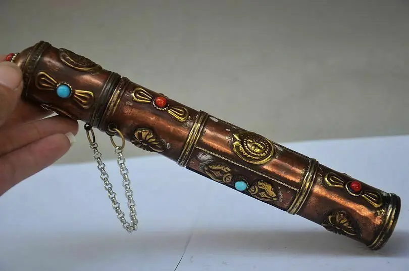 

DELICATE CHINESE COPPER INLAID BEADS HANDWORK INCENSE TUBE