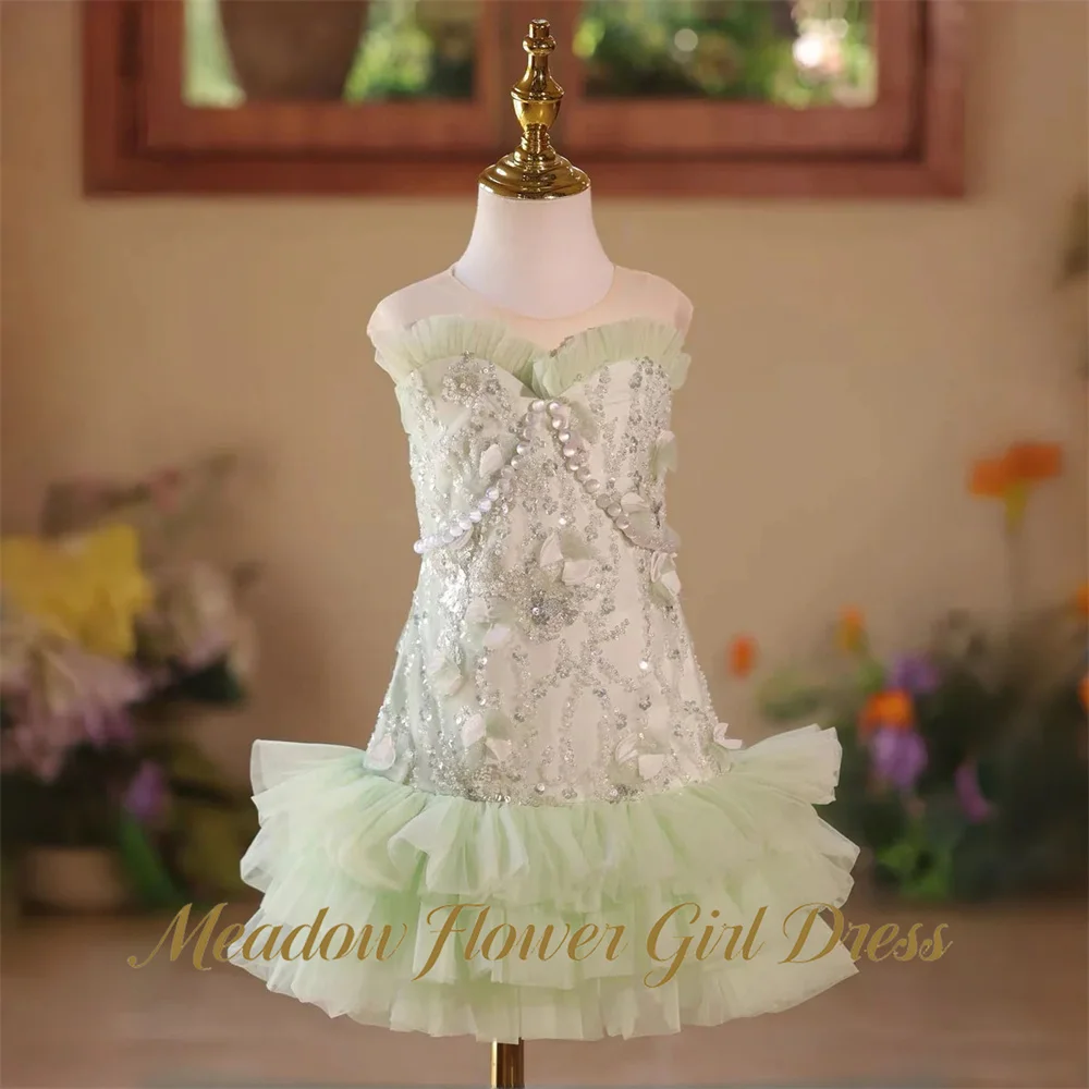 Meadow Pastel Mint Green Princess Girls Dress Scalloped Neck First Communion Gown White Beaded Children Birthday Wedding Dresses