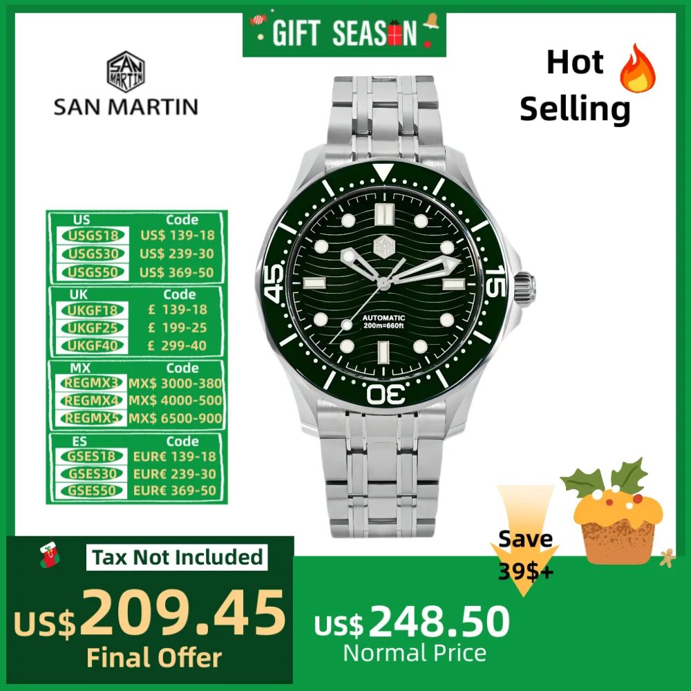 San Martin 41.5mm YN55 Diver Watches Men Mechanical Wristwatch Swim Luminous Sport Vintage Erkek Kol Saati 20Bar BGW9 SN0088-2