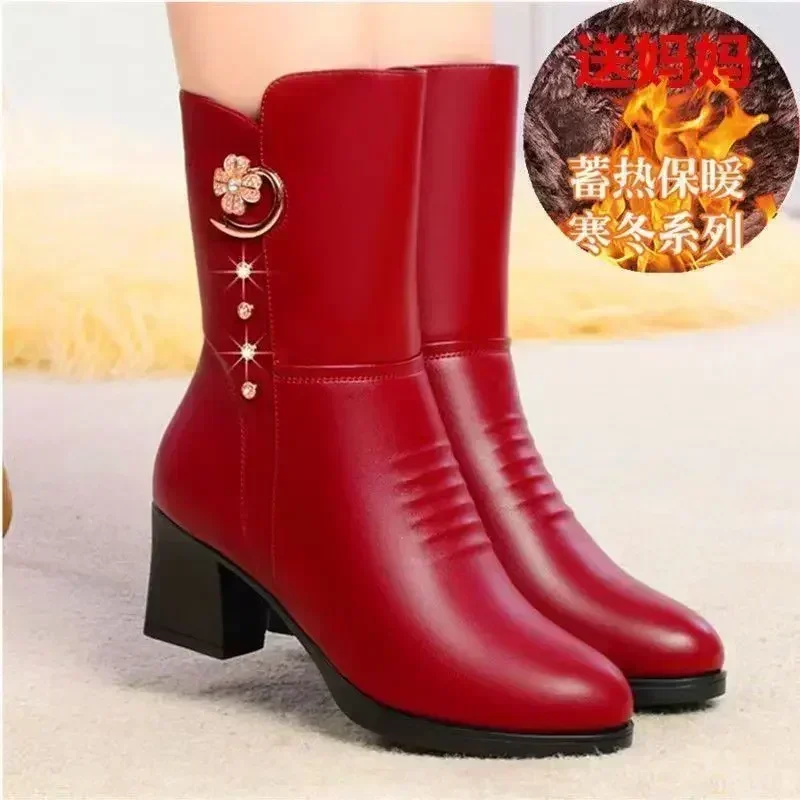 Soft Leather Ankle Boots for Women Spring Winter with Plush Warm Side Zipper Round Toe High Heel Lady Boots Casual Mom Shoes