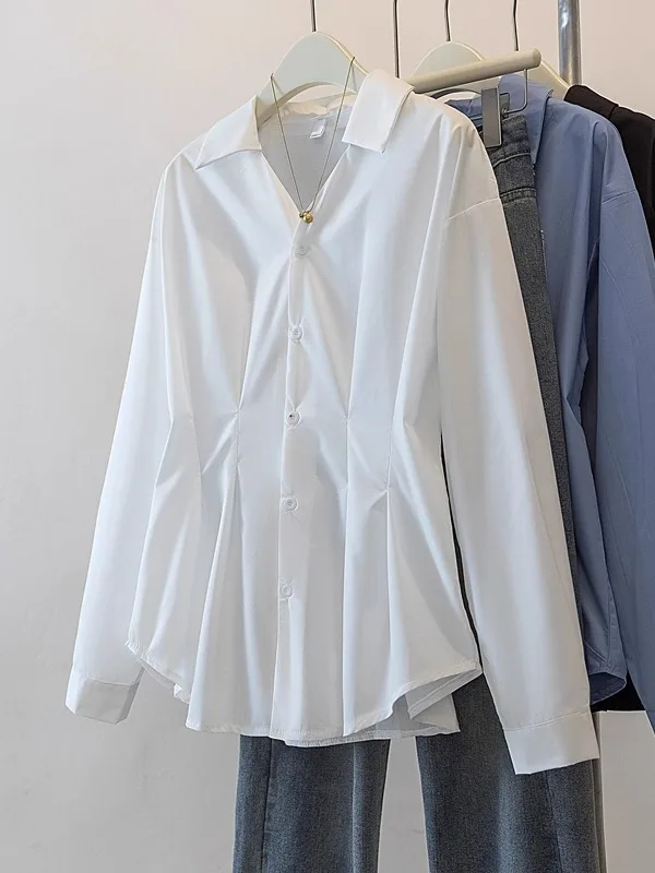 เสื้อคลุมสไตล์เกาหลีสำหรับผู้หญิงไซส์ใหญ่ แขนยาว สีขาว ปกคอพับ ดีไซน์กระชับเอว ช่วยปกปิดและดูอ่อนวัย