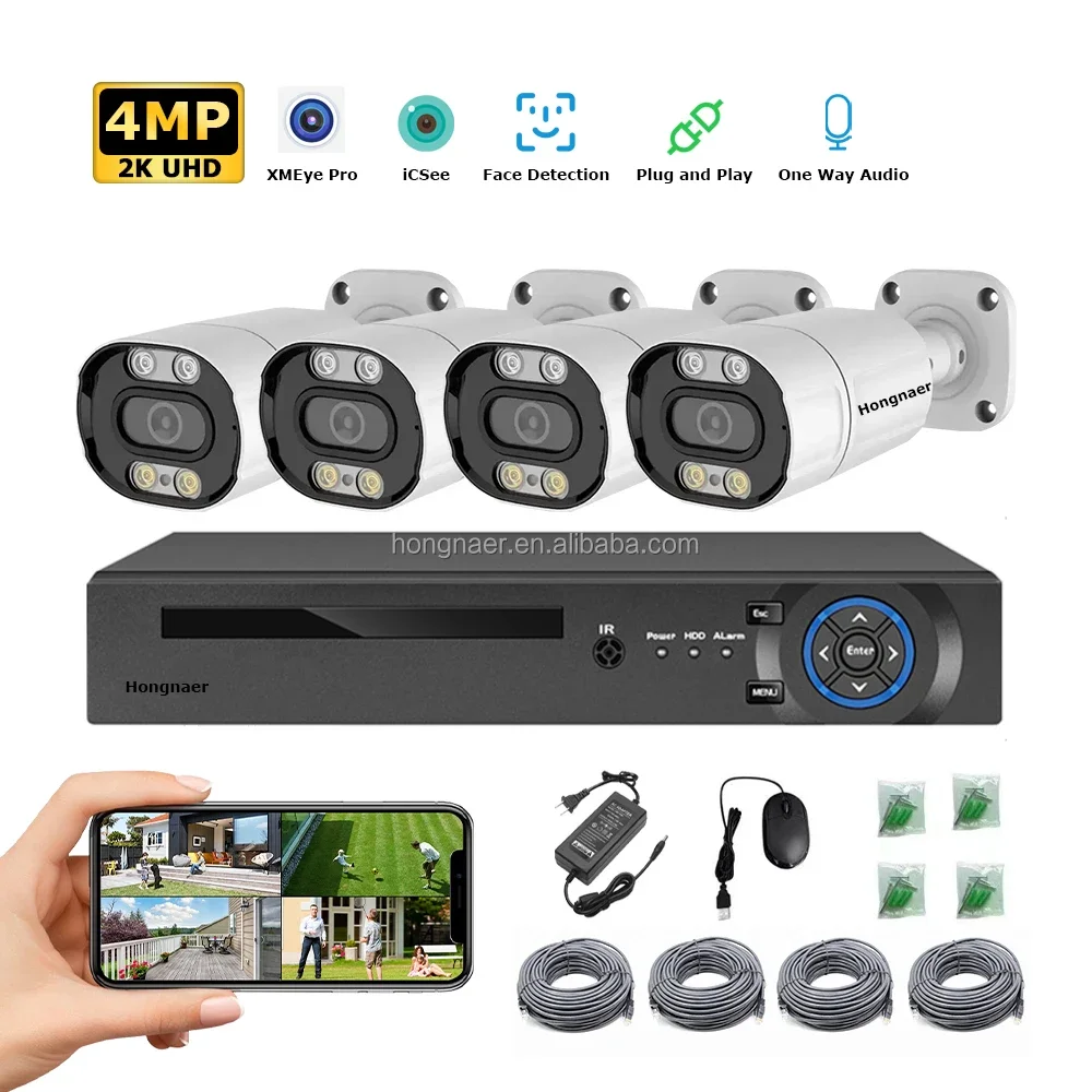 2026 Hongnaer 4MP 4CH NVR Home Outdoor Network Video Recorder POE CCTV Kit Camera Set Surveil System Wireless Security Camera Sy