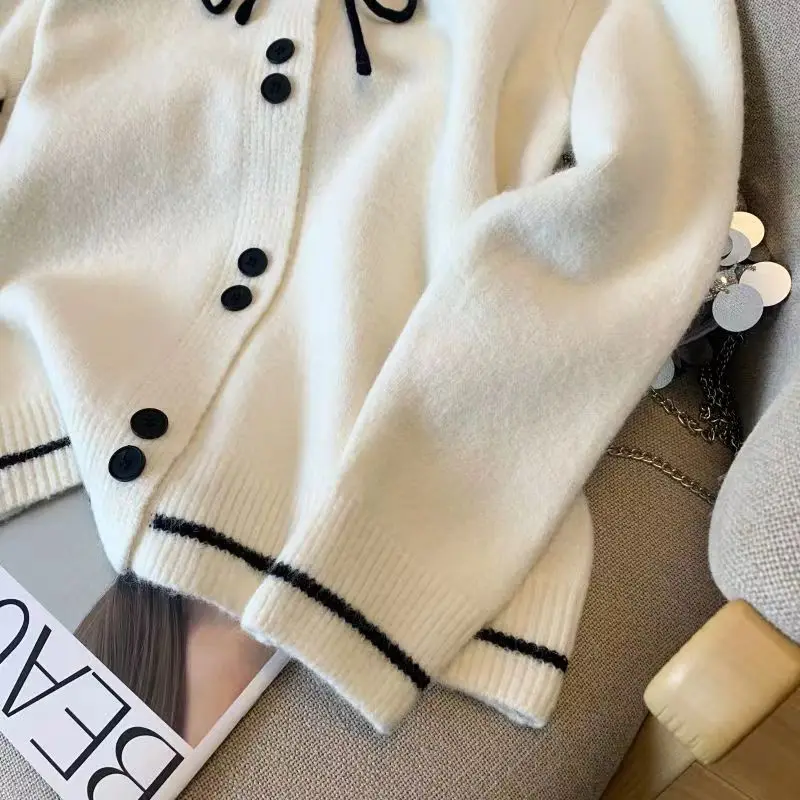 Spring Autumn Loose Bow Cardigan Sweater For Women Gentle Temperament Show Thin Knitted Single Breasted Splicing Color Top Cloth