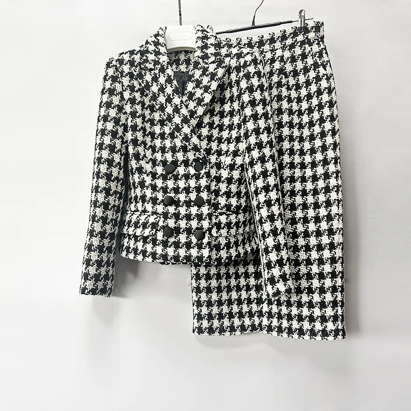 Houndstooth Jacket Skirt Sets 2024 New Classy Jacket Split Long Skirt Two Piece Suit Festival Outfits Jacket Coat Skirt Women