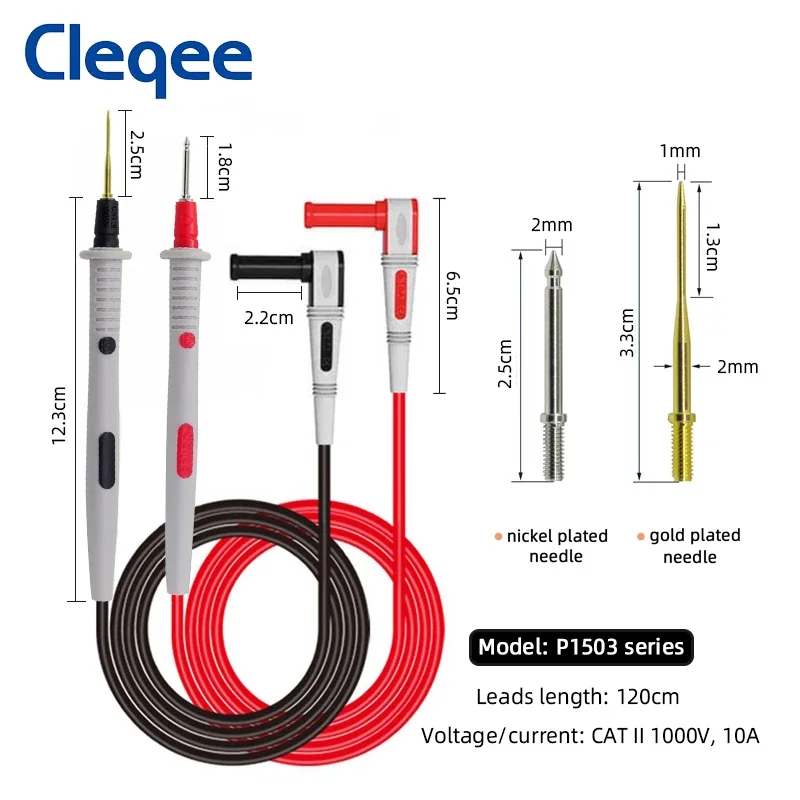 Cleqee P1503 Series Multimeter Test Lead Kit with Replaceable Needles 4mm Banana Plug Test Probe Alligator Clip Mini Grabber