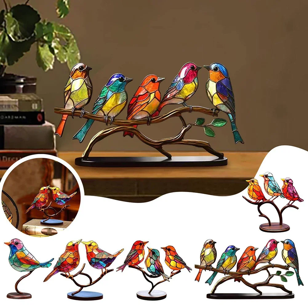 Stained Glass Birds on Branch Desktop Ornaments Double Sided Multicolor Birds Alloy Ornaments Bird Series Acrylic Decor Planar