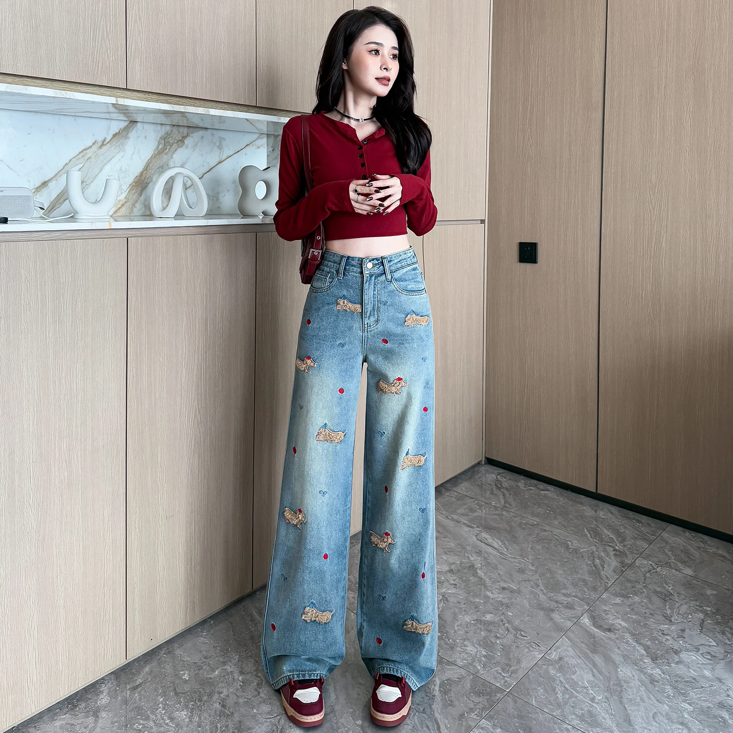 Jeans larghi a gamba dritta con cane ricamato in stile coreano Pantaloni lunghi in denim dal design alla moda da donna