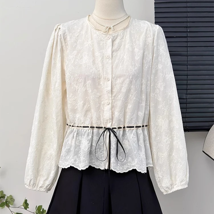 

Женская элегантная блузка с длинным рукавом и французским бантом, вышитая цветочным принтом, рубашка с завязками