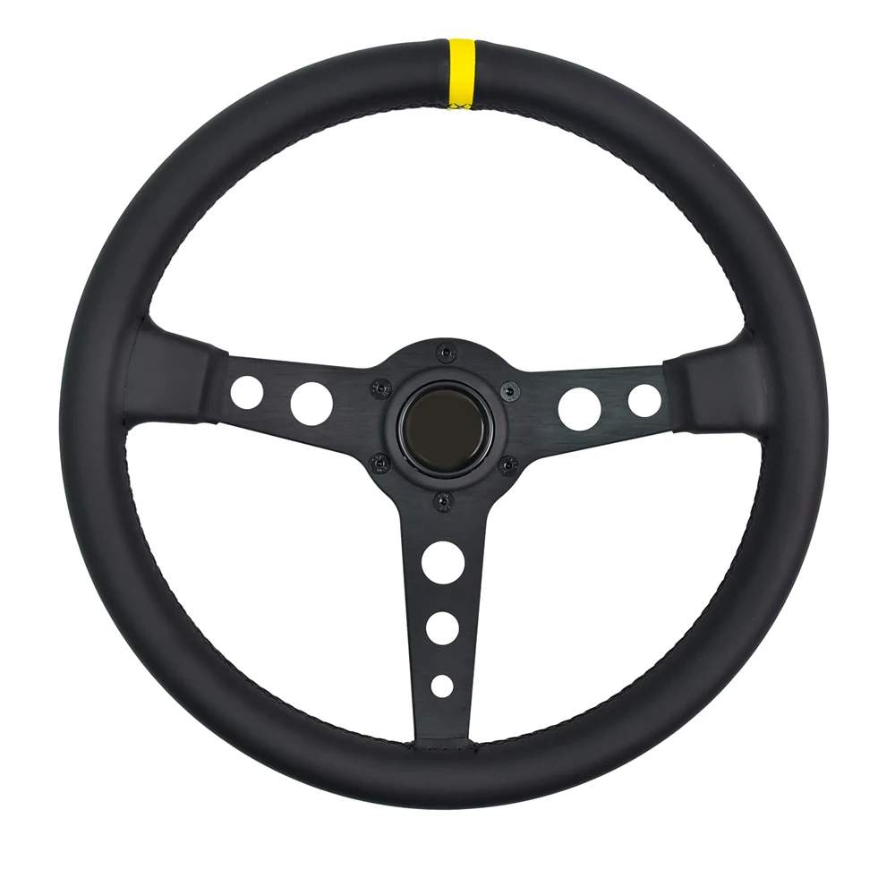 340mm Classic Steering Wheel Flat Leather 6 Holes Drift Simulation Sports Steering Wheel With Yellow Interface