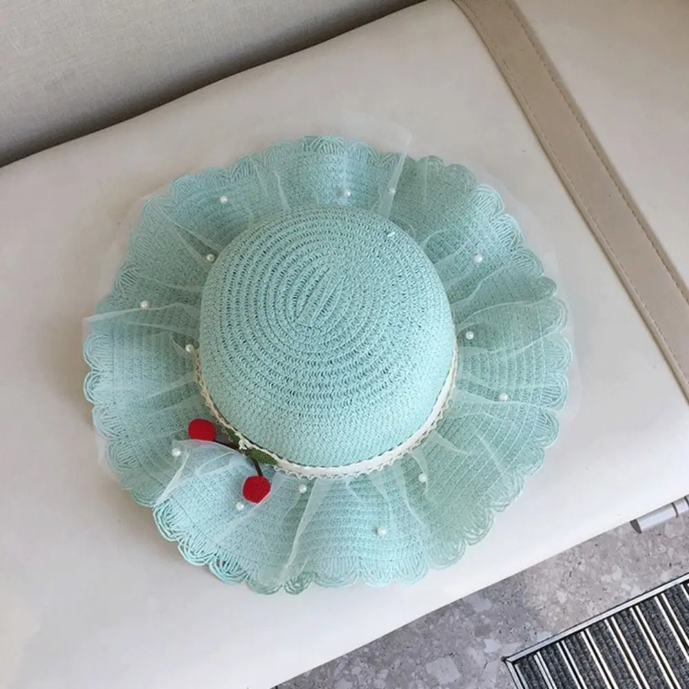 

Wide Brim Children Sun Hat Pearl Decoration Lace Trim Straw Hat Straw Material Breathable Material Shoulder Bag Sun Protection