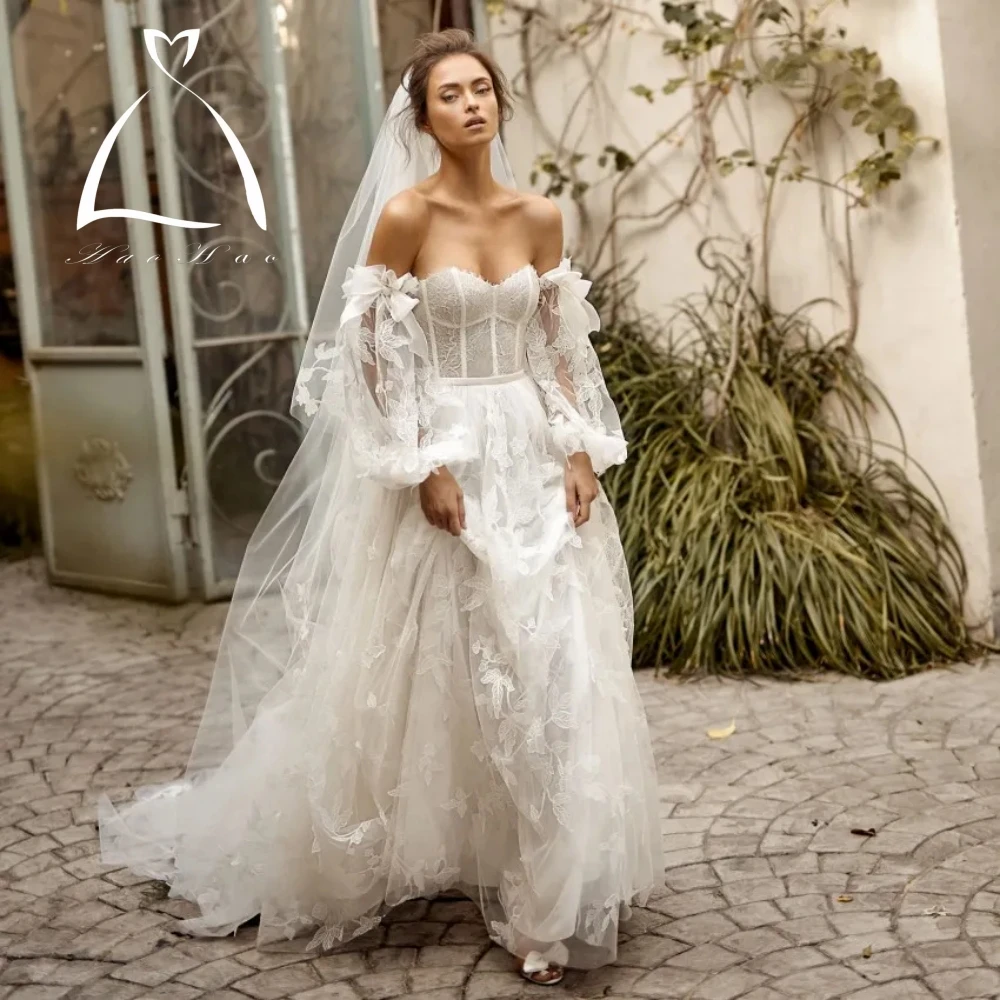 

Graceful Lihi Hod Lace Wedding Dresses Off The Shoulder Neck Long Sleeves Bridal Gowns A Line Sweep Train Tulle robe de mariée