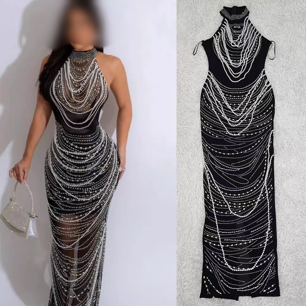 customized halter sheer mesh multi-layer cascading silver rhinestone chain printed bodycon maxi evening dress