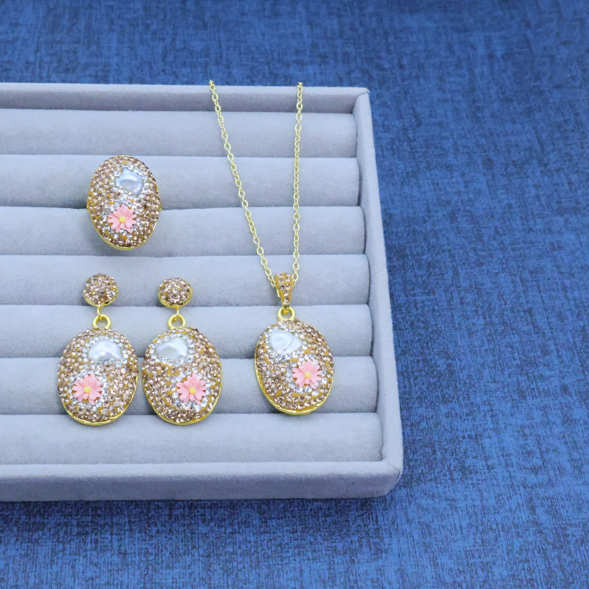Accesorios DIY, nuevo estilo, joyería de crisantemo y citrino, conjunto de tres piezas DIY, pendientes, collar, anillo, diseño hecho a mano