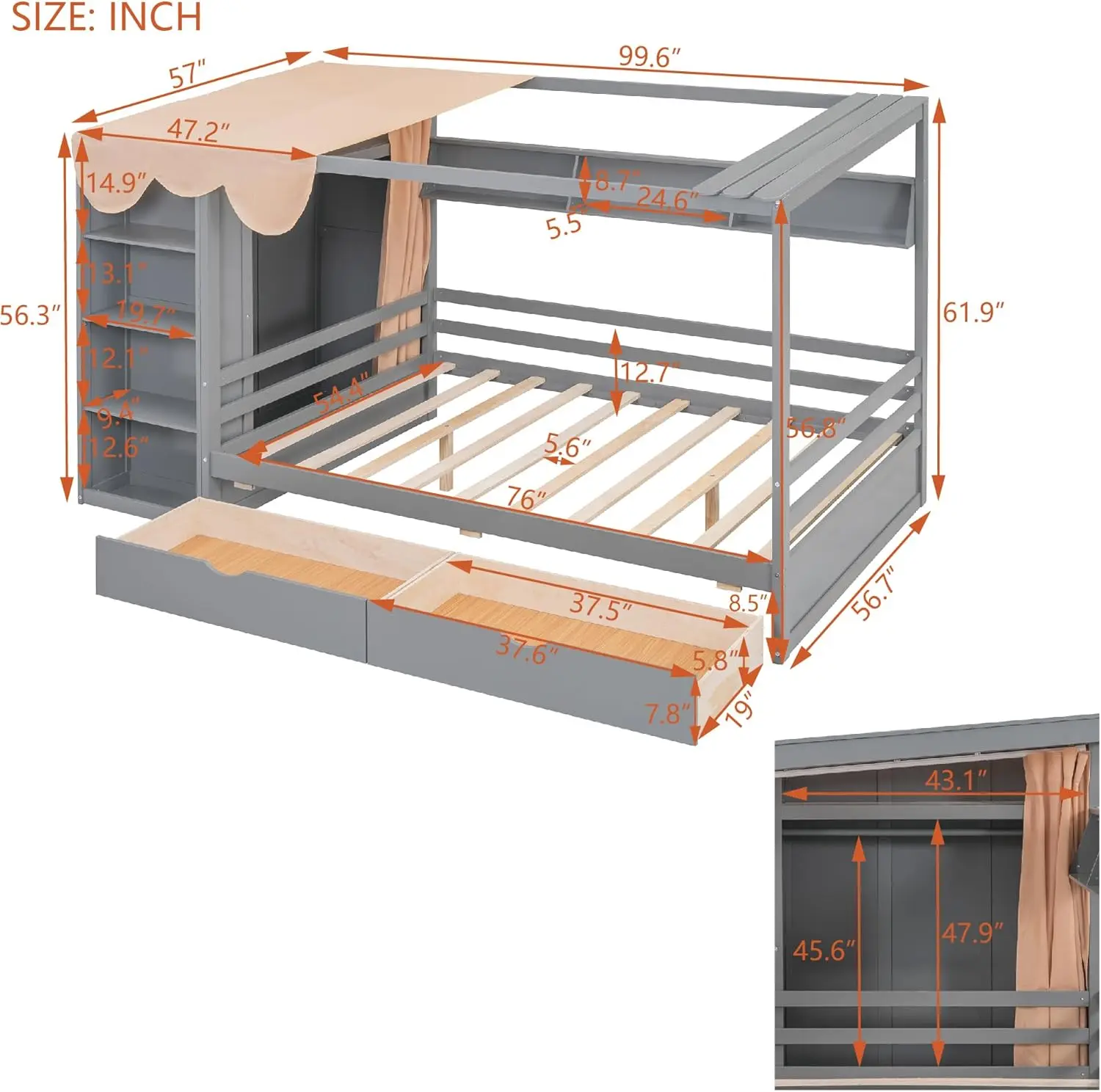 Full Size House Bed Frame With 2 Drawers, Built-In Wardrobe, Storage Shelves, Guardrail And Curtain, Wooden Bed For Kids