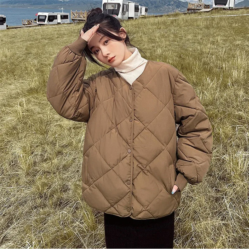 2025 Short Cotton-padded Jacket Female Down Cotton Coat Autumn Winter Women Light Thin Quilted Lattice Parkas Casual Tops Coats