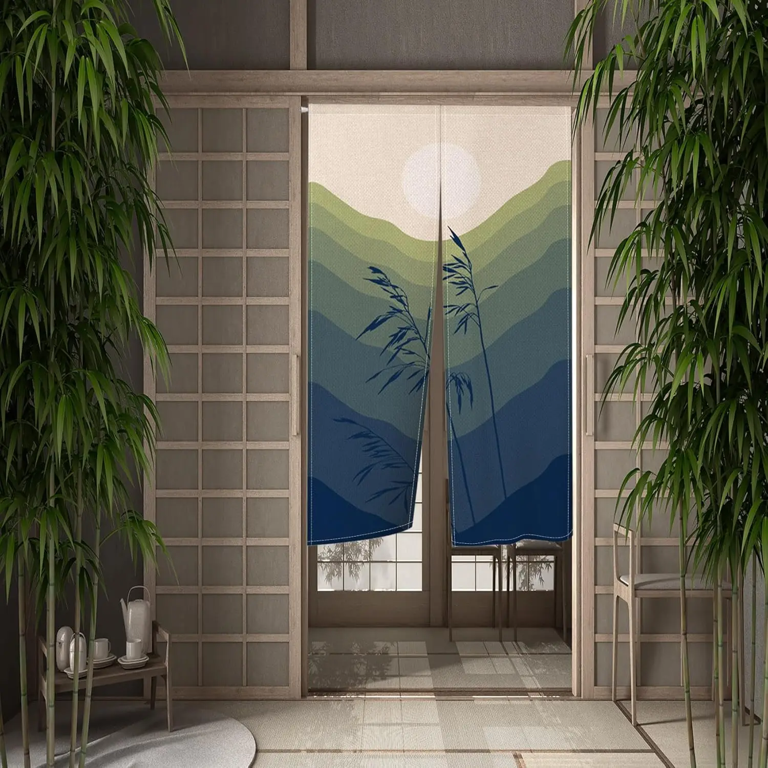 Japanese Doorway Mid Century Mountain Sun Door Hanging Boho Style Green Painting Tapestry Window Treatment Bedroom