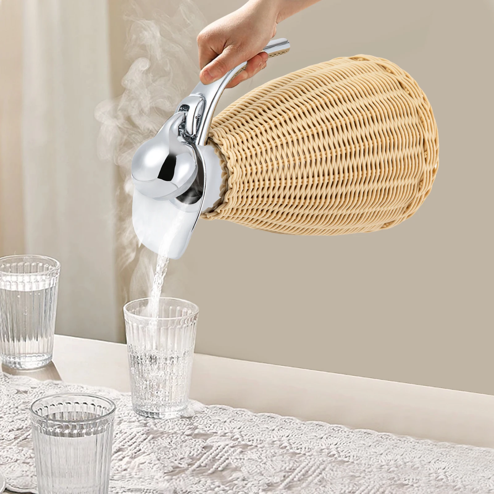 1.5L Stainless Steel Coffee Thermal Jug, Double Walled Vacuum Insualted Jug, Rattan Thermal Jug Natural