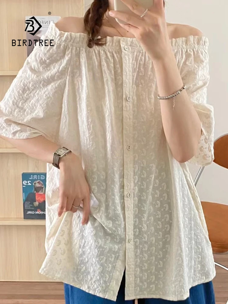 

New Summer Cotton Casual Short Sleeve Shirt Women O Neck Embroidery Tops Girl Loose Sweet Fashion Blouses 2024 Autumn T46204QC