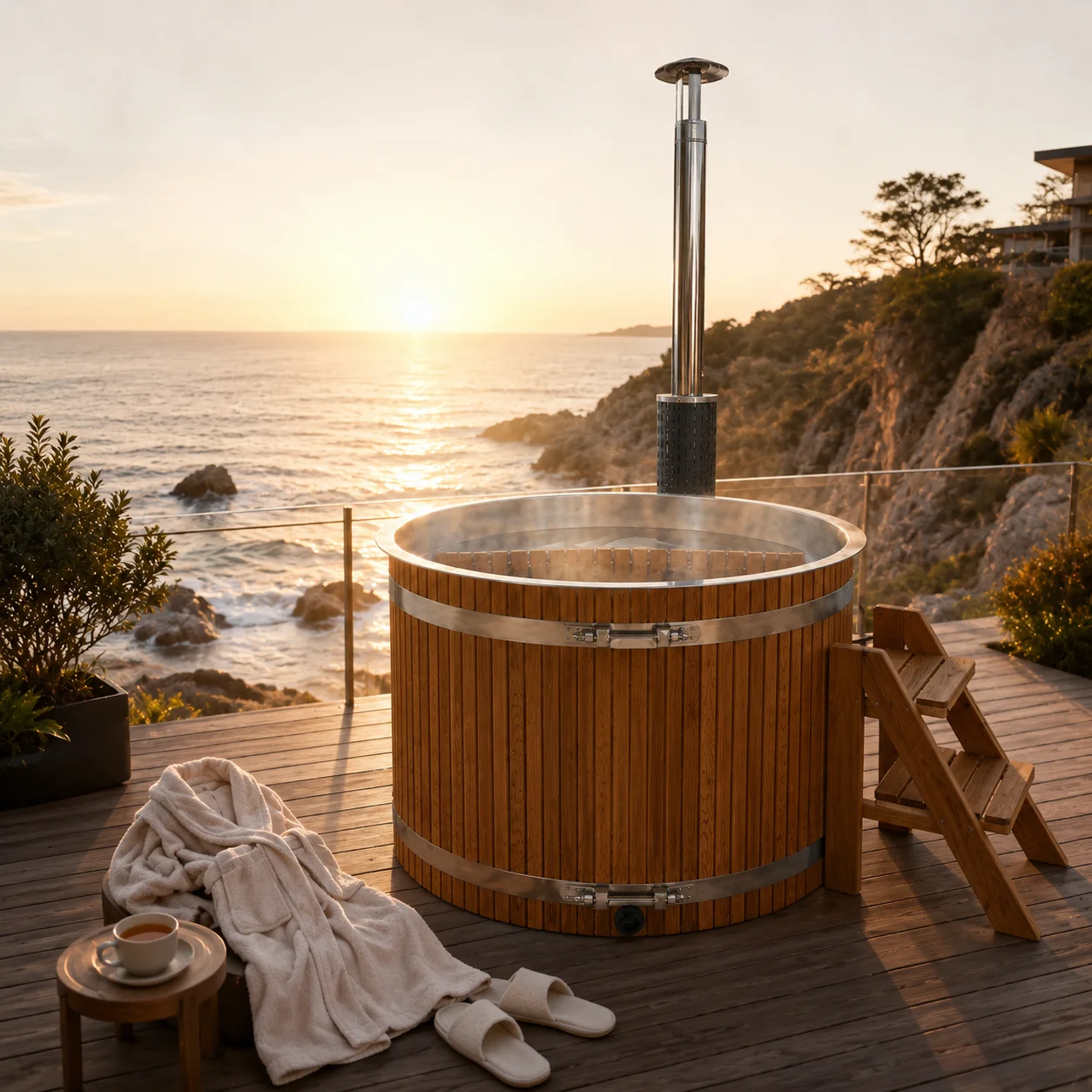 Warmfire Custom Size 60gal+ Modern Villa Apartment Gym-Friendly Outdoor Hot Tub Sauna 6KW Woodburning Heater 304 Stainless