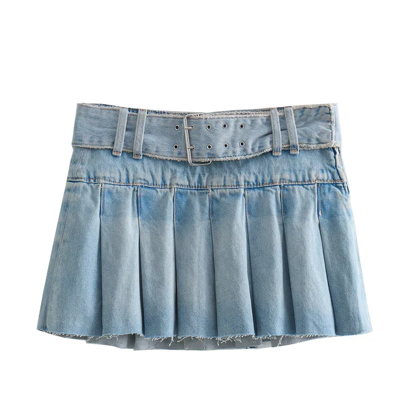 

Summer Women's A-Line High-Waisted Denim Mini Skirt Retro Washed Blue Pleated Skirt New in 2024 Streetwear