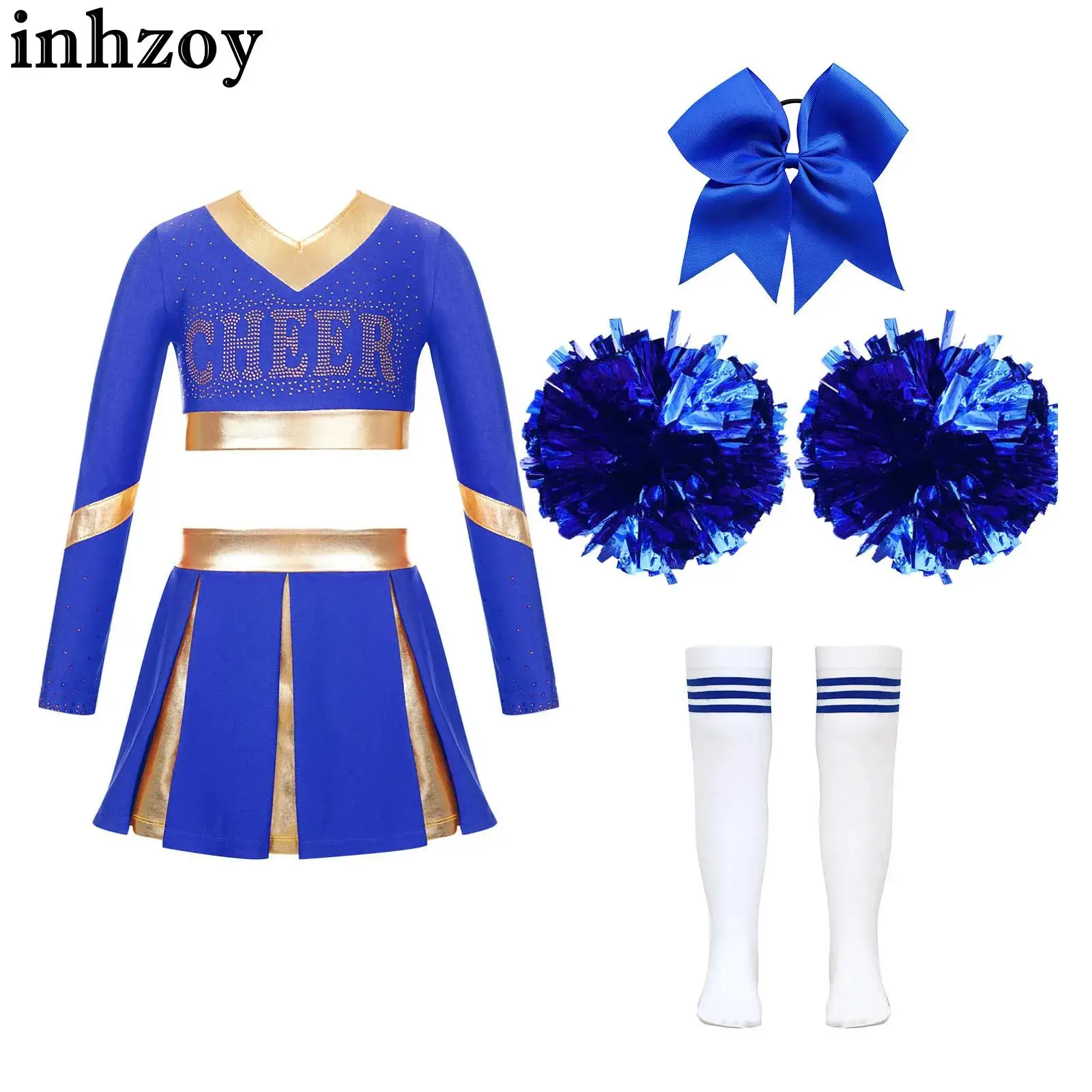 

Kids Girls Cheerleader Performance Costume Carnival Party Cheer Dance Schoolgirl Cheerleading Uniform with Pom Poms Stockings