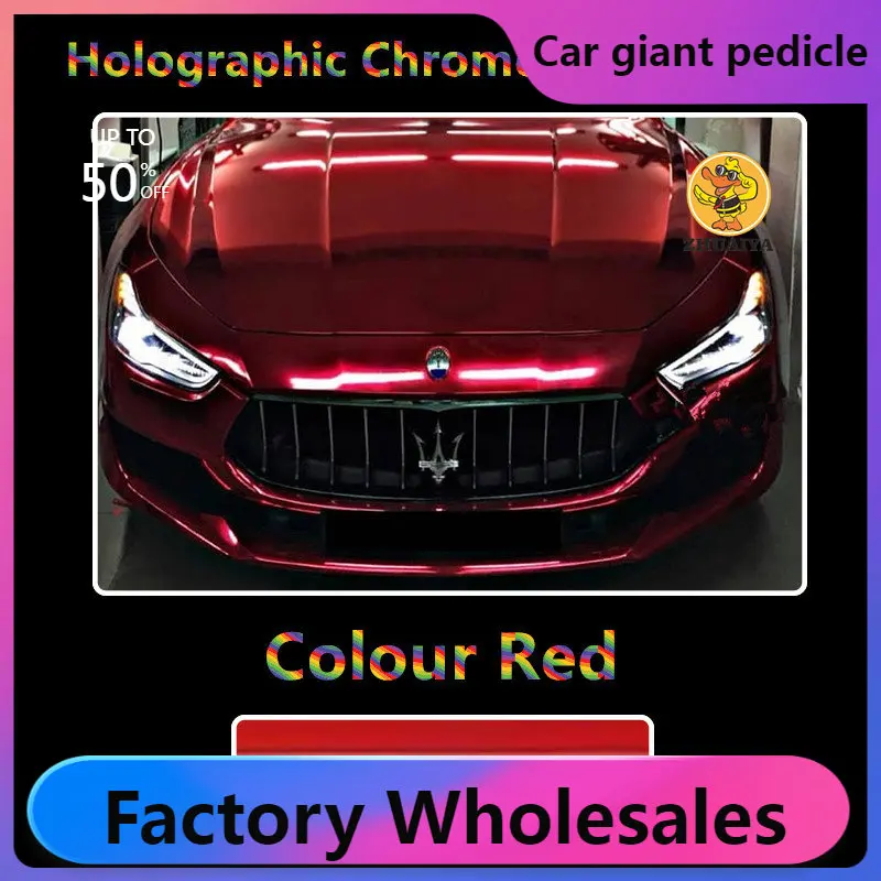 

1.52X18M Stretchable Red Holographic Chrome vinyl Wrap Self-Adhesive Film Decal Air-Release Bubble Free DIY Car Wrapping Roll