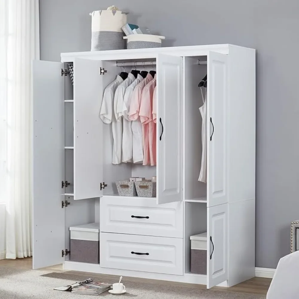 

4 Door Wardrobe Closet Cabinet, 2 Drawers Wooden White Cabinet Closet with High Storage Capacity, Closet Wardrobe with 2 Shelves