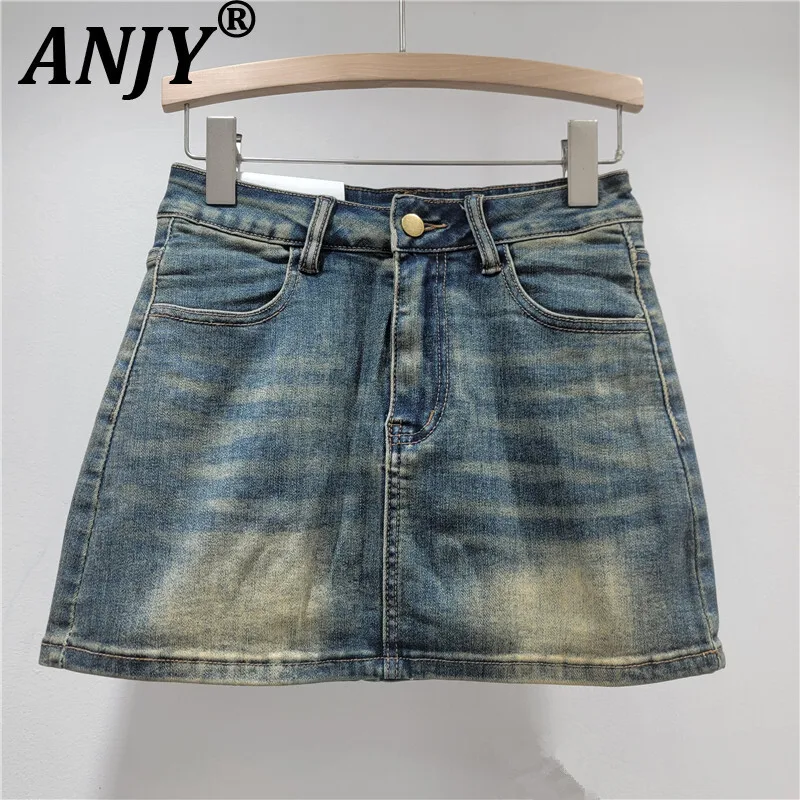 ANJY Summer New Women American Style Retro Washed Tie Dye Slim Fit A-Line Trend High Street Fashion Denim Short Pantskirt A14089